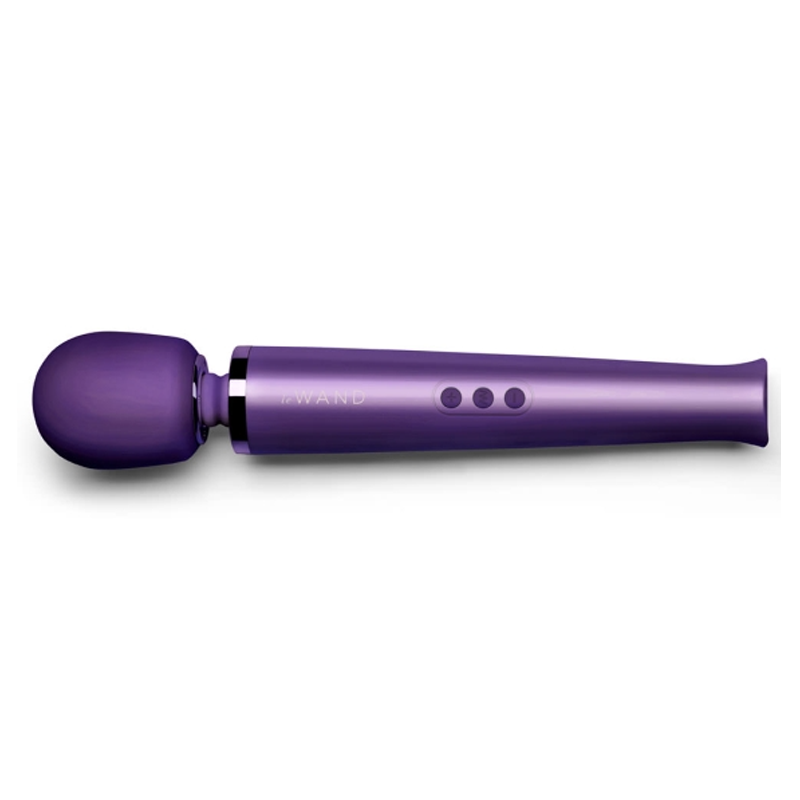 Purple rechargeable wand massager with three buttons.