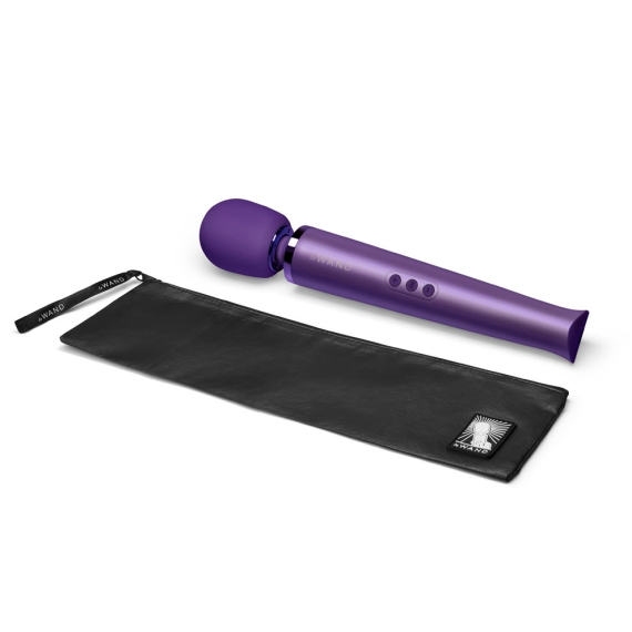 Purple rechargeable wand massager with a black storage pouch.
