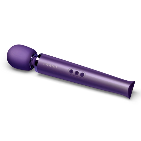 Purple rechargeable wand massager with a rounded head and three control buttons.