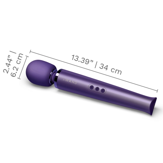 Purple wand massager with dimensions labeled.