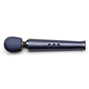 Navy silicone rechargeable wand vibrator with gold accents and control buttons.