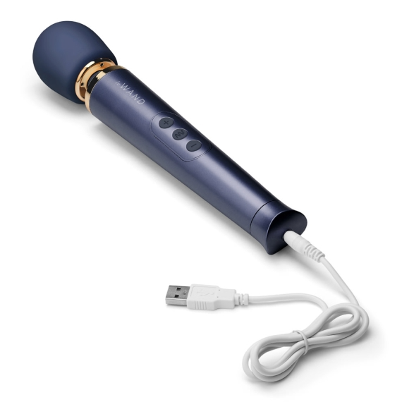 Navy silicone rechargeable wand vibrator with USB charging cable.