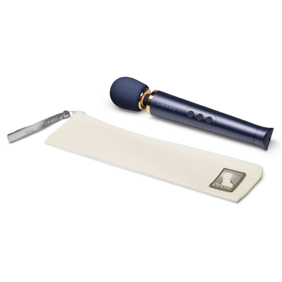Navy silicone rechargeable wand vibrator with a travel pouch.