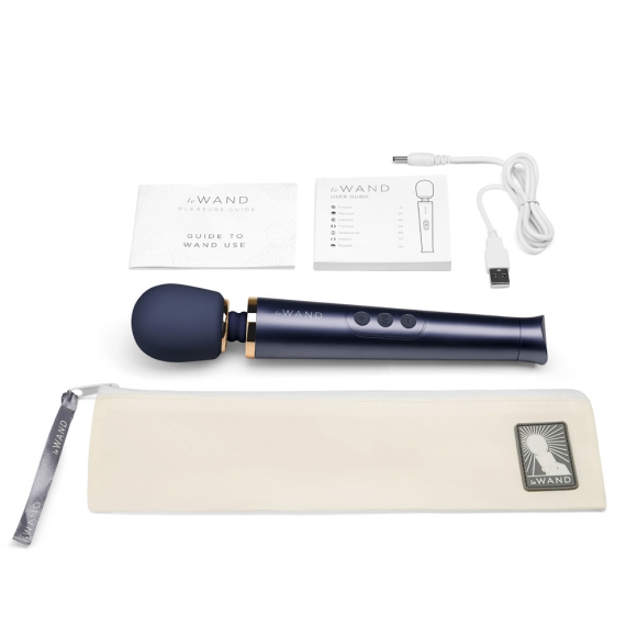 Navy silicone rechargeable wand vibrator with accessories.