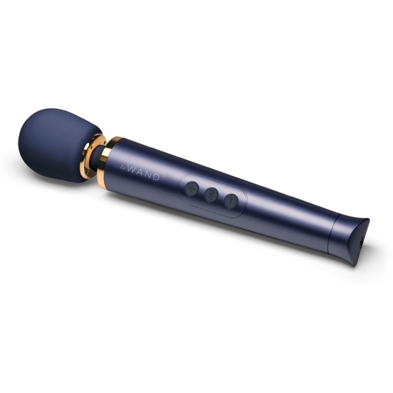 Navy silicone rechargeable wand vibrator with gold accents and three control buttons.