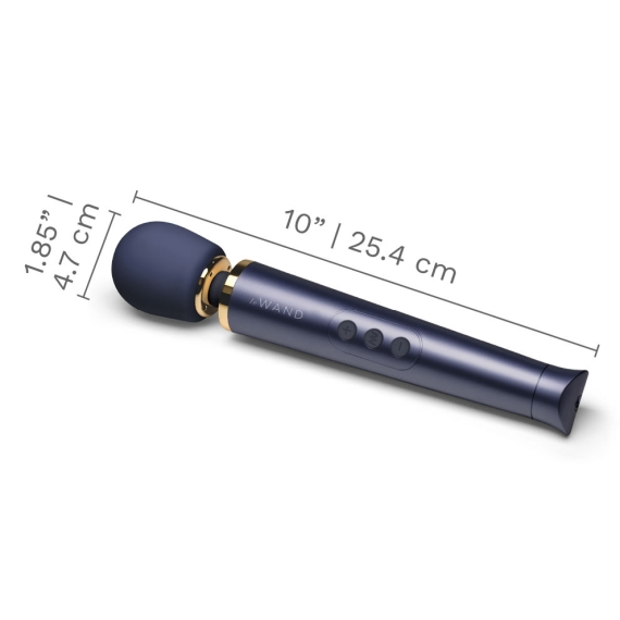 Navy silicone wand vibrator with gold accents, measuring 10 inches long.