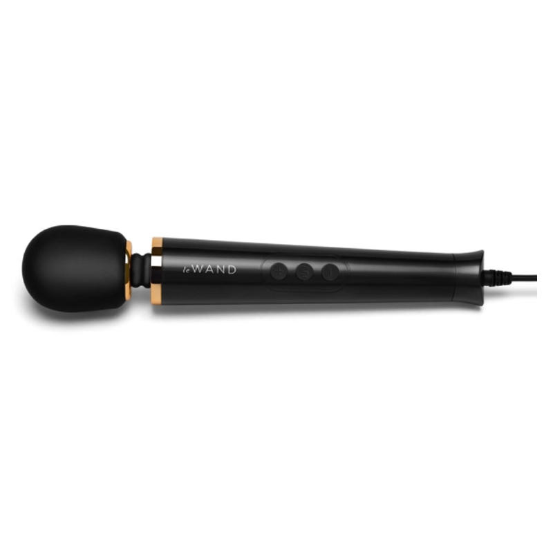 Black Le Wand massager with gold accents and three control buttons.