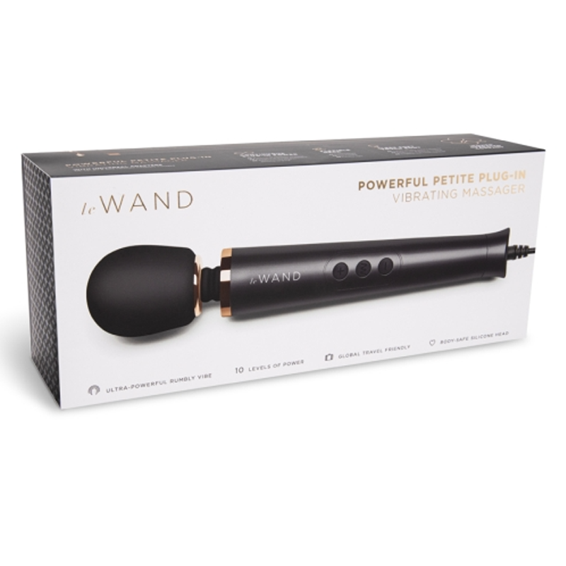 A black Le Wand petite plug-in vibrating massager with a black head and gold accents.
