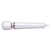 White wand massager with pink accents and control buttons.