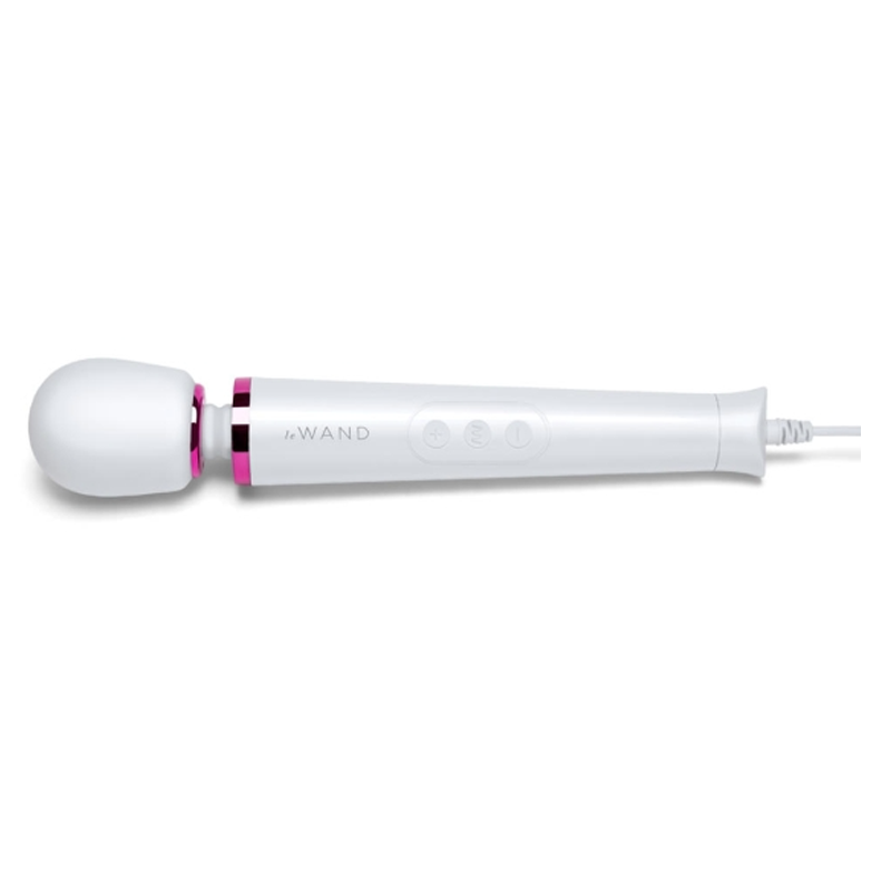 White wand massager with pink accents and control buttons.