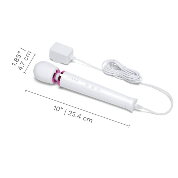White wand massager with pink accents, cord, and charger, measuring 10 inches long.