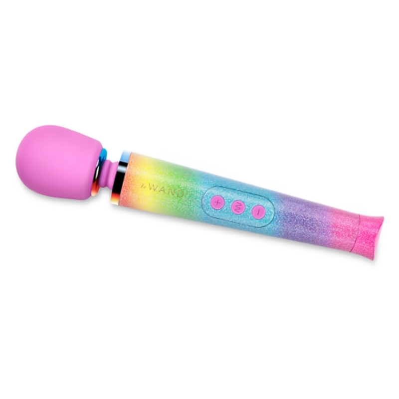 Rainbow ombre silicone petite wand massager with pink head and controls.
