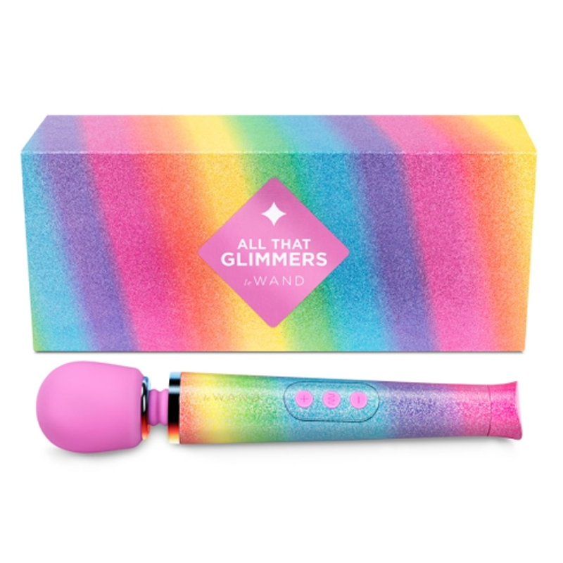 Petite wand massager with rainbow ombre silicone and pink accents.