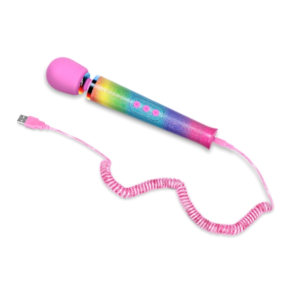 Rainbow ombre petite wand massager with USB charging cable.