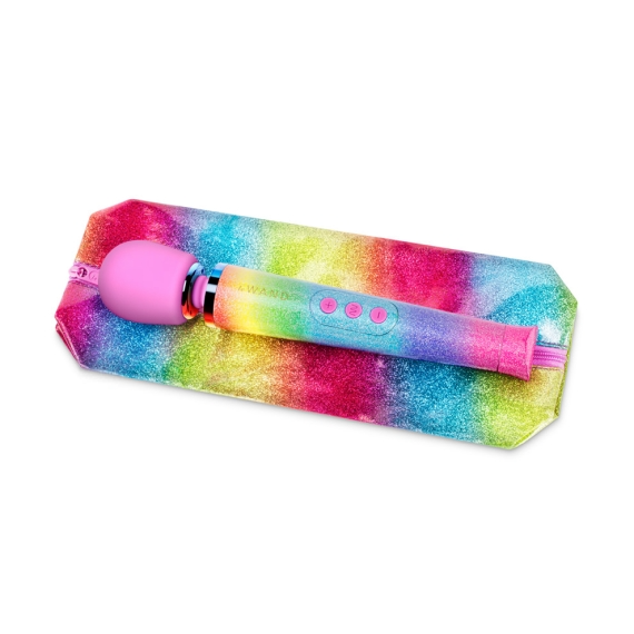 Rainbow ombre silicone petite wand massager with a matching pouch.