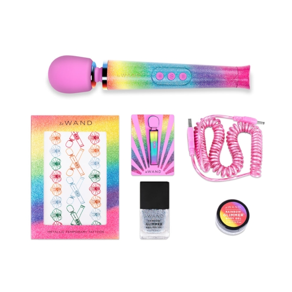 Rainbow ombre silicone petite wand massager with accessories.