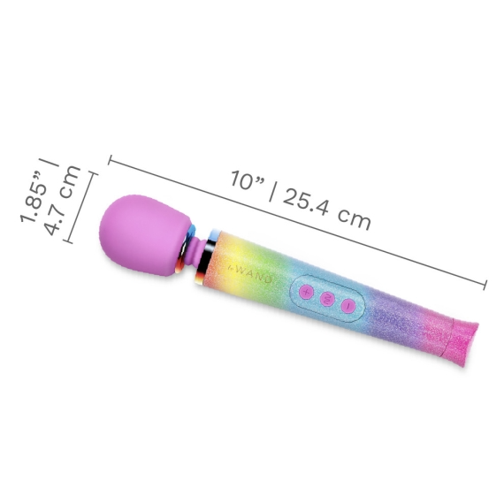 Rainbow ombre petite wand massager with dimensions indicated.