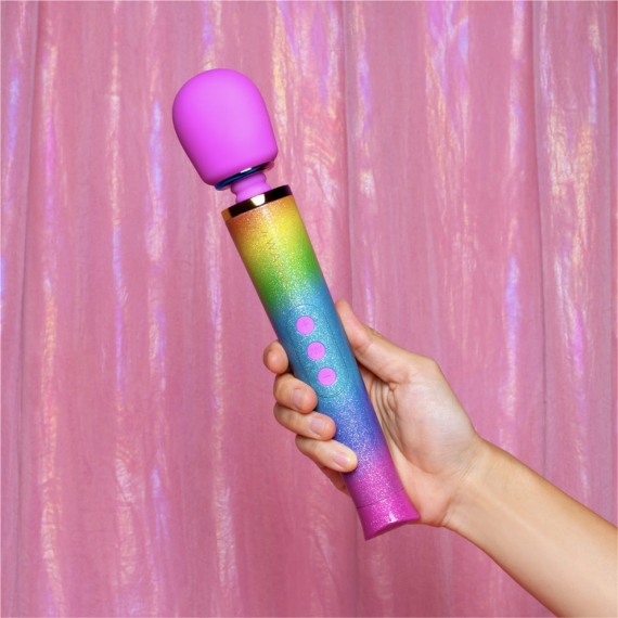 Rainbow ombre petite wand massager with a purple silicone head.