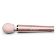 Rose gold rechargeable wand vibrator with a pink head and three control buttons.