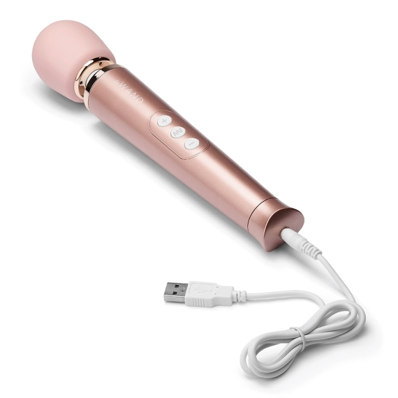 Rose gold rechargeable wand vibrator with USB charging cable.