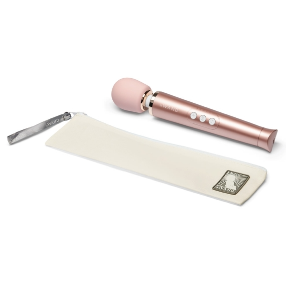 Rose gold rechargeable wand vibrator with a storage pouch.