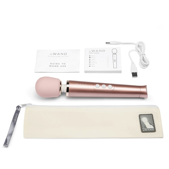 Rose gold rechargeable wand vibrator with accessories and travel pouch.