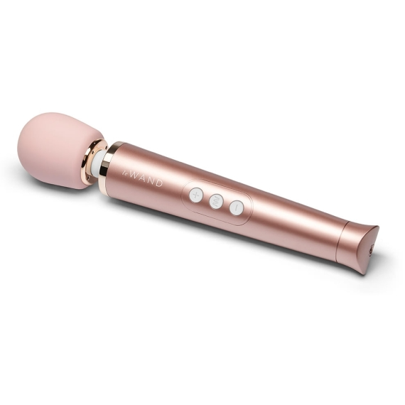 Rose gold rechargeable wand vibrator with a pink silicone head and three control buttons.