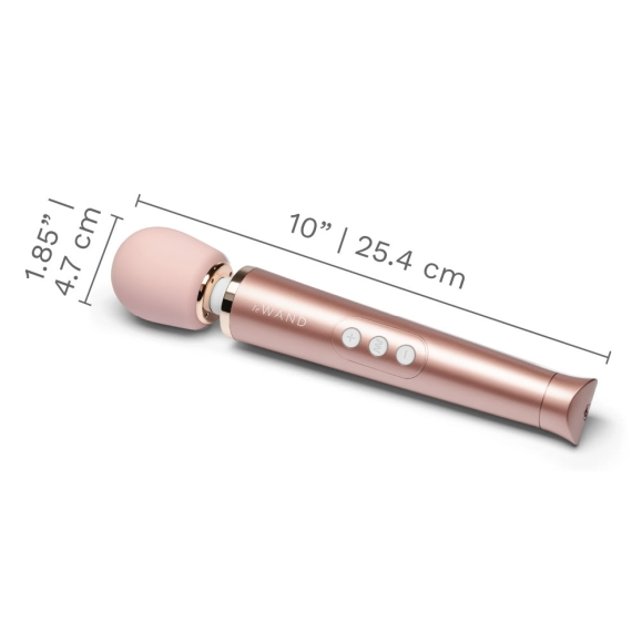 Rose gold rechargeable wand vibrator with dimensions indicated.