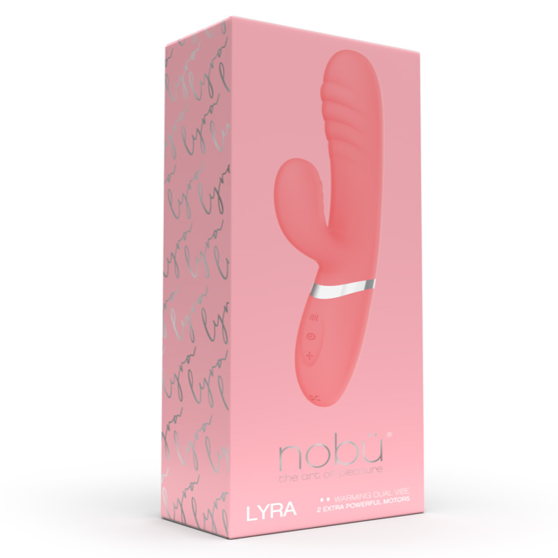 Coral Lyra dual motor vibrator on a pink box with silver lettering.