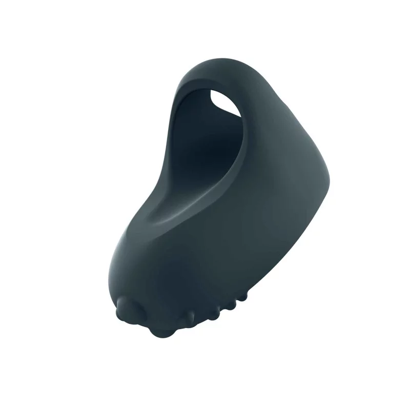 A dark grey silicone finger vibrator with textured nubs.