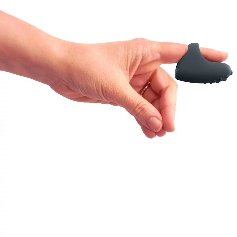 A dark grey silicone finger vibrator with textured nubs.