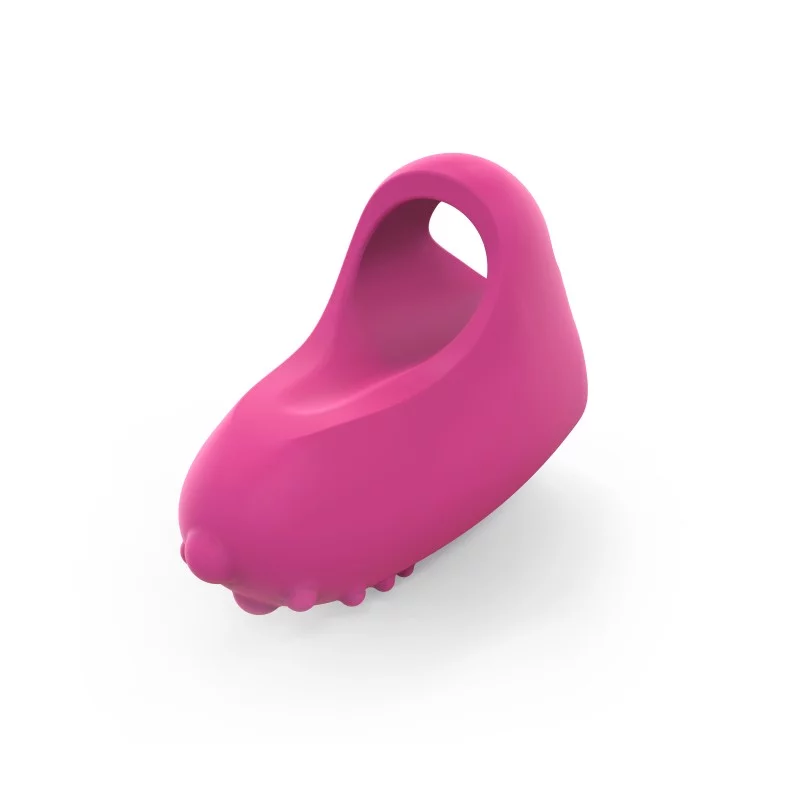 Pink silicone clitoral vibrator with textured nubs and a finger loop.