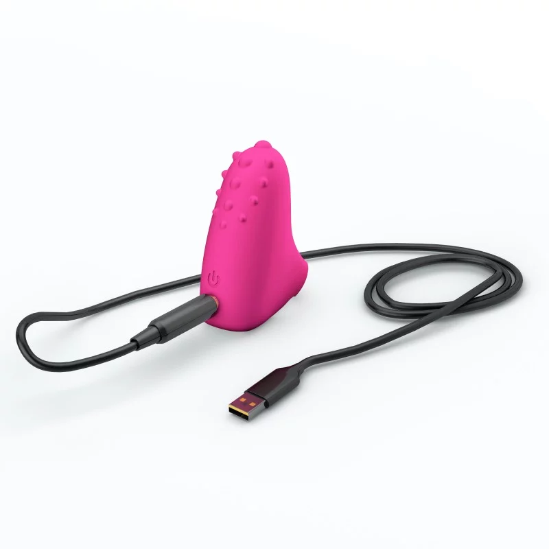 Pink silicone clitoral vibrator with a USB charging cable.