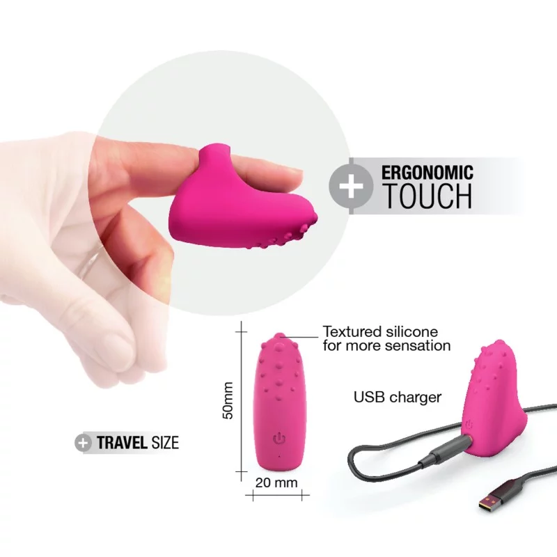 Pink silicone clitoral vibrator with textured nubs and USB charger.