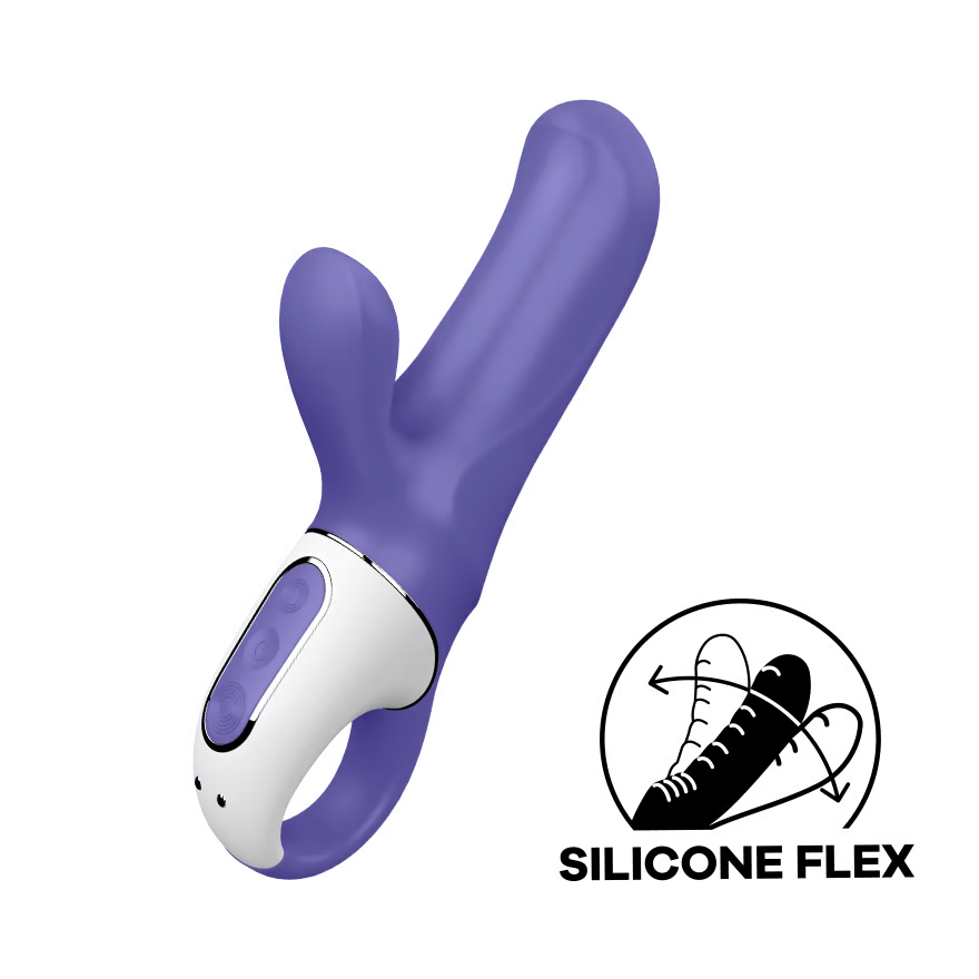 Purple rabbit vibrator with white control panel and silver trim.
