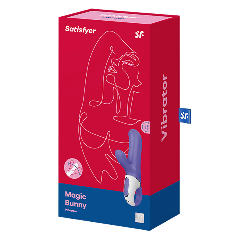 Satisfyer Magic Bunny vibrator in purple and white on a red and blue box.