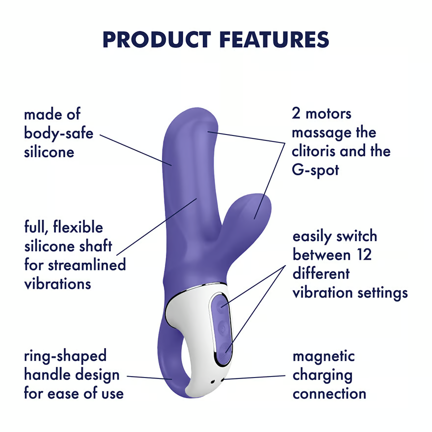 Purple silicone rabbit vibrator with white handle and buttons.
