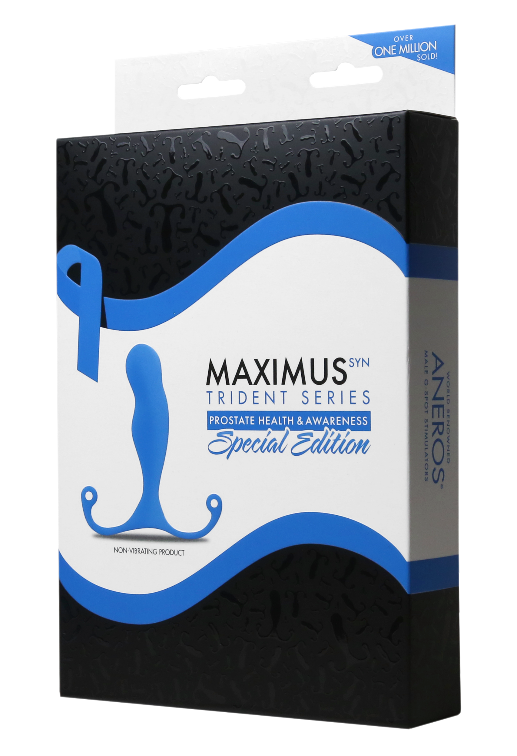 Maximus Trident Silicone Prostate Massager Special Edition with blue ribbon and trident shape.
