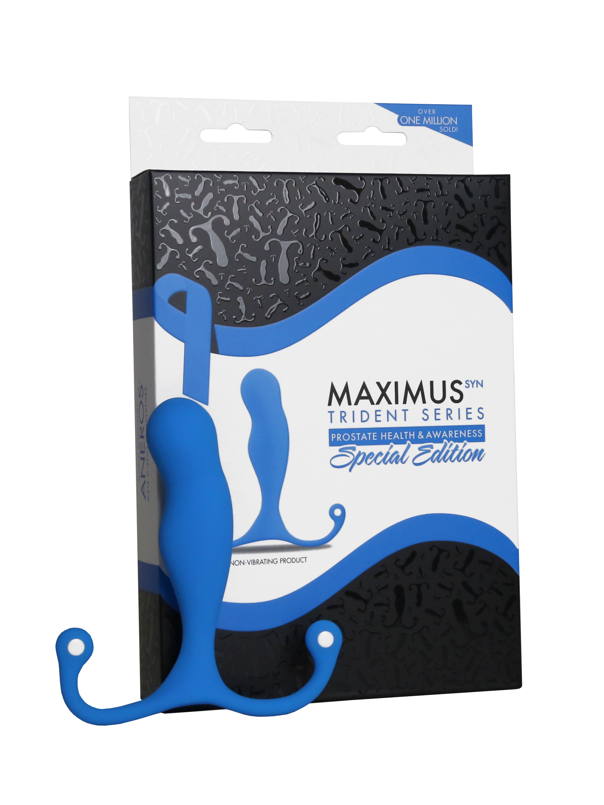 Blue silicone Maximus Trident prostate massager with "Special Edition" packaging.