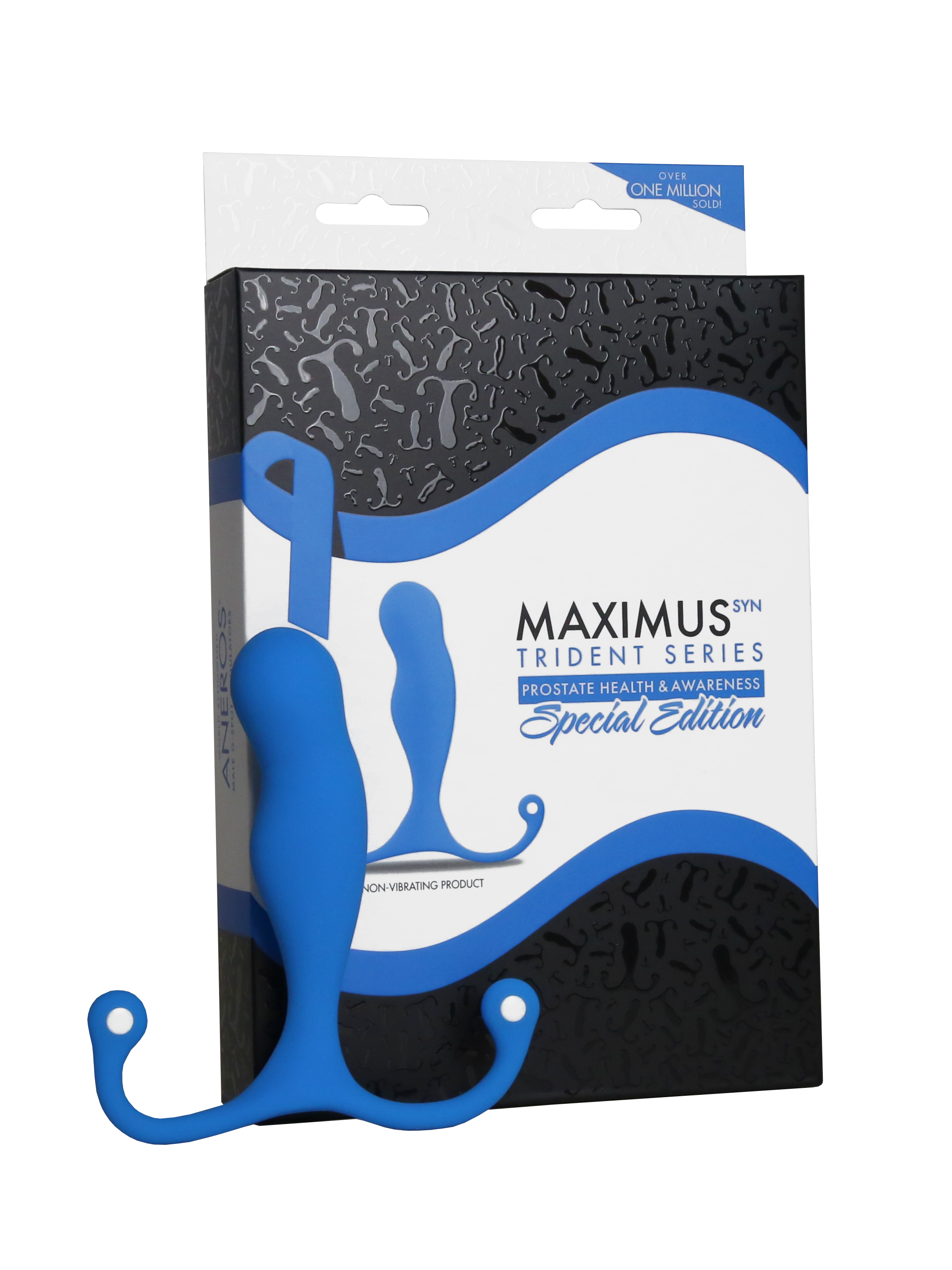 Blue silicone Maximus Trident prostate massager with "Special Edition" packaging.