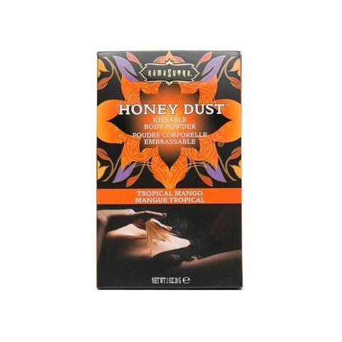 Kama Sutra Tropical Mango Honey Dust body powder with feather applicator.