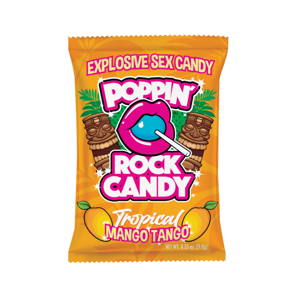 Poppin' Rock Candy Tropical Mango Tango flavor with tiki masks and lips.