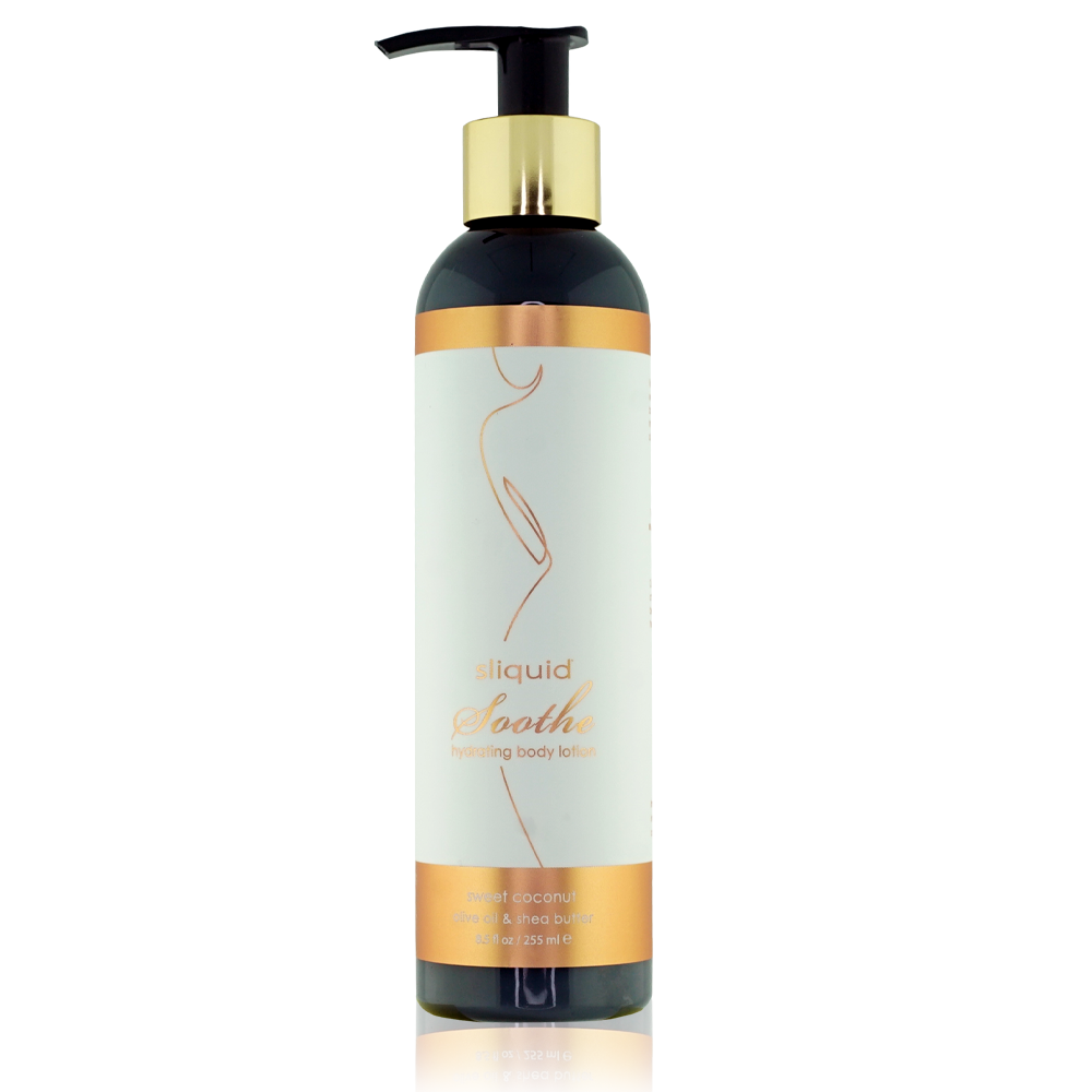 Sliquid Soothe hydrating body lotion with sweet coconut, olive oil, and shea butter.