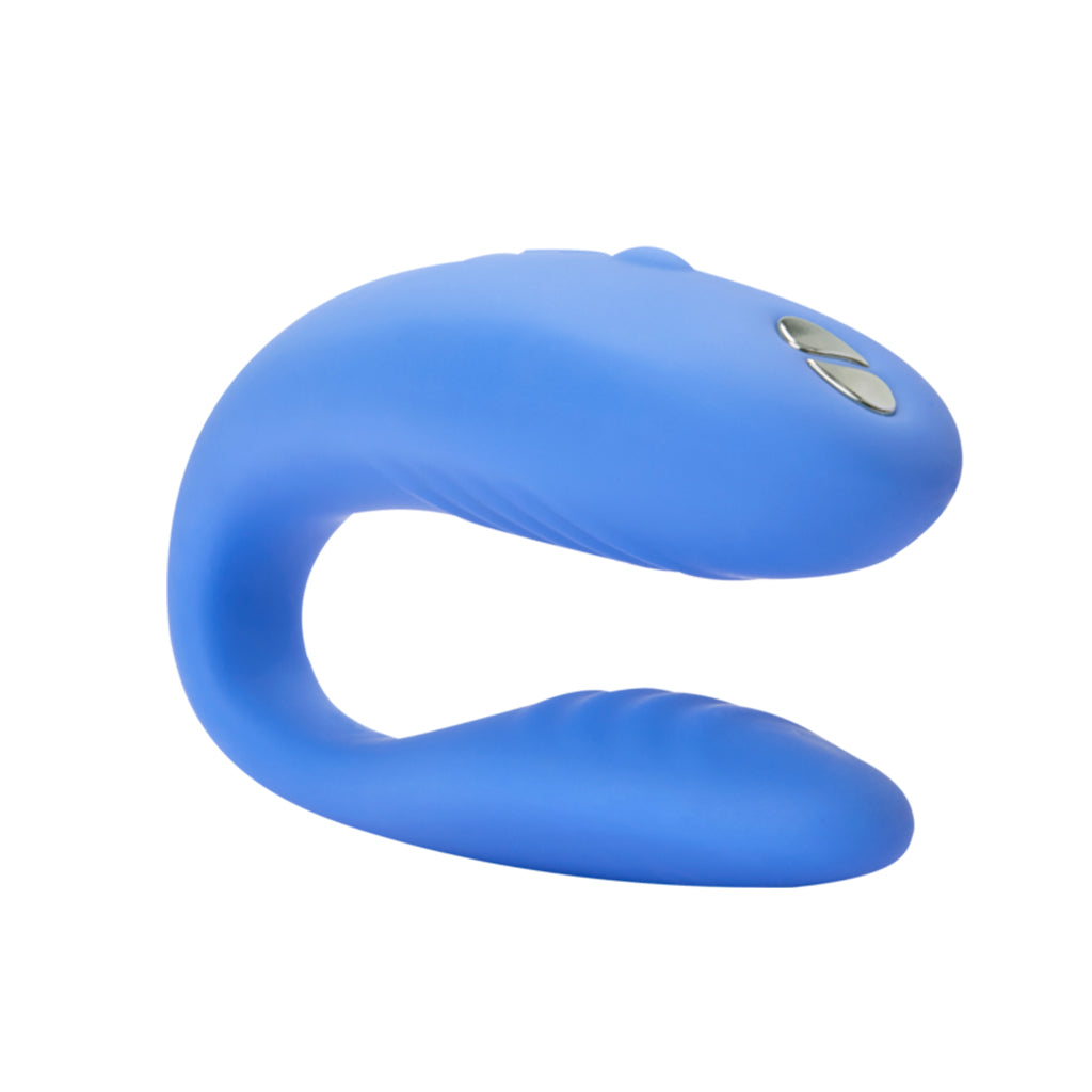 Periwinkle rechargeable couples vibrator with two silver buttons.
