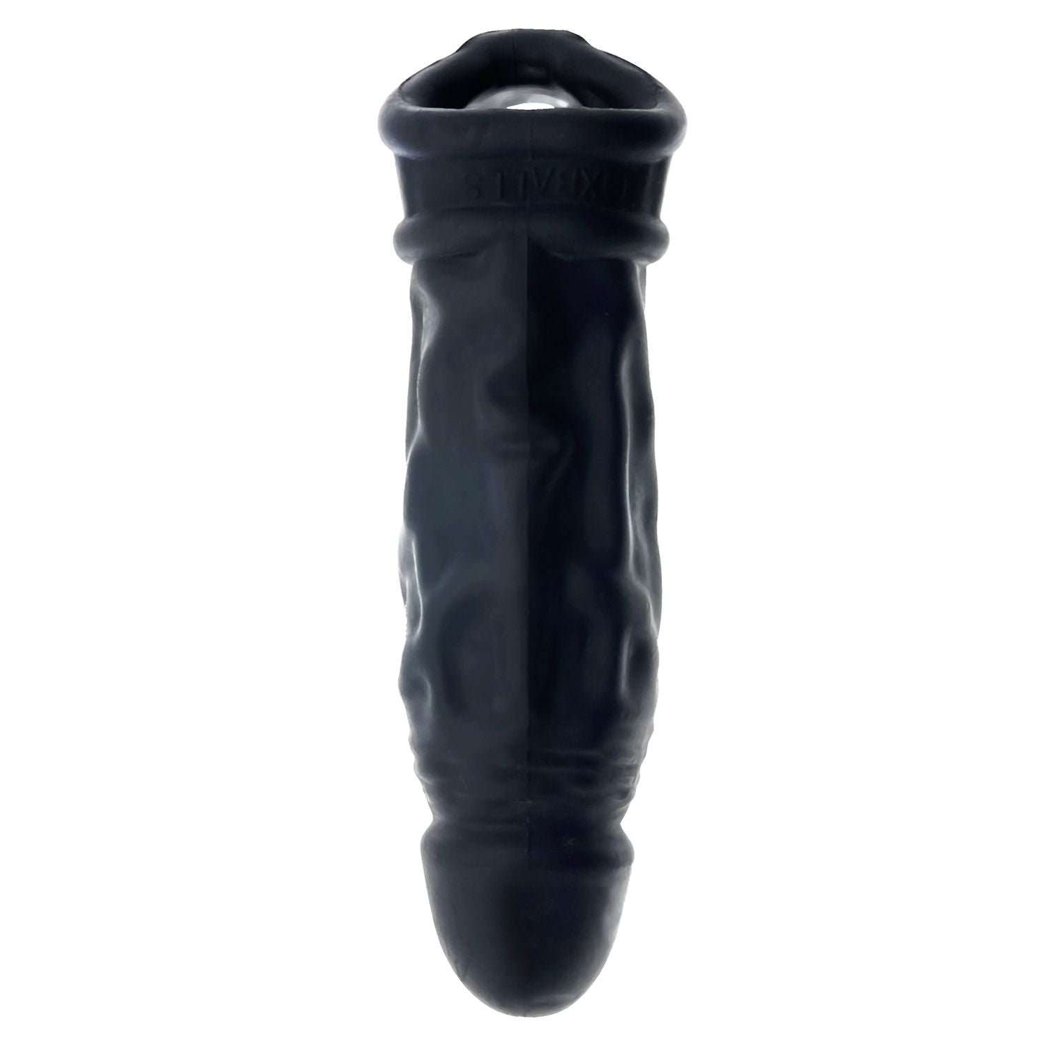 Black silicone cocksheath with textured shaft and cock sling.