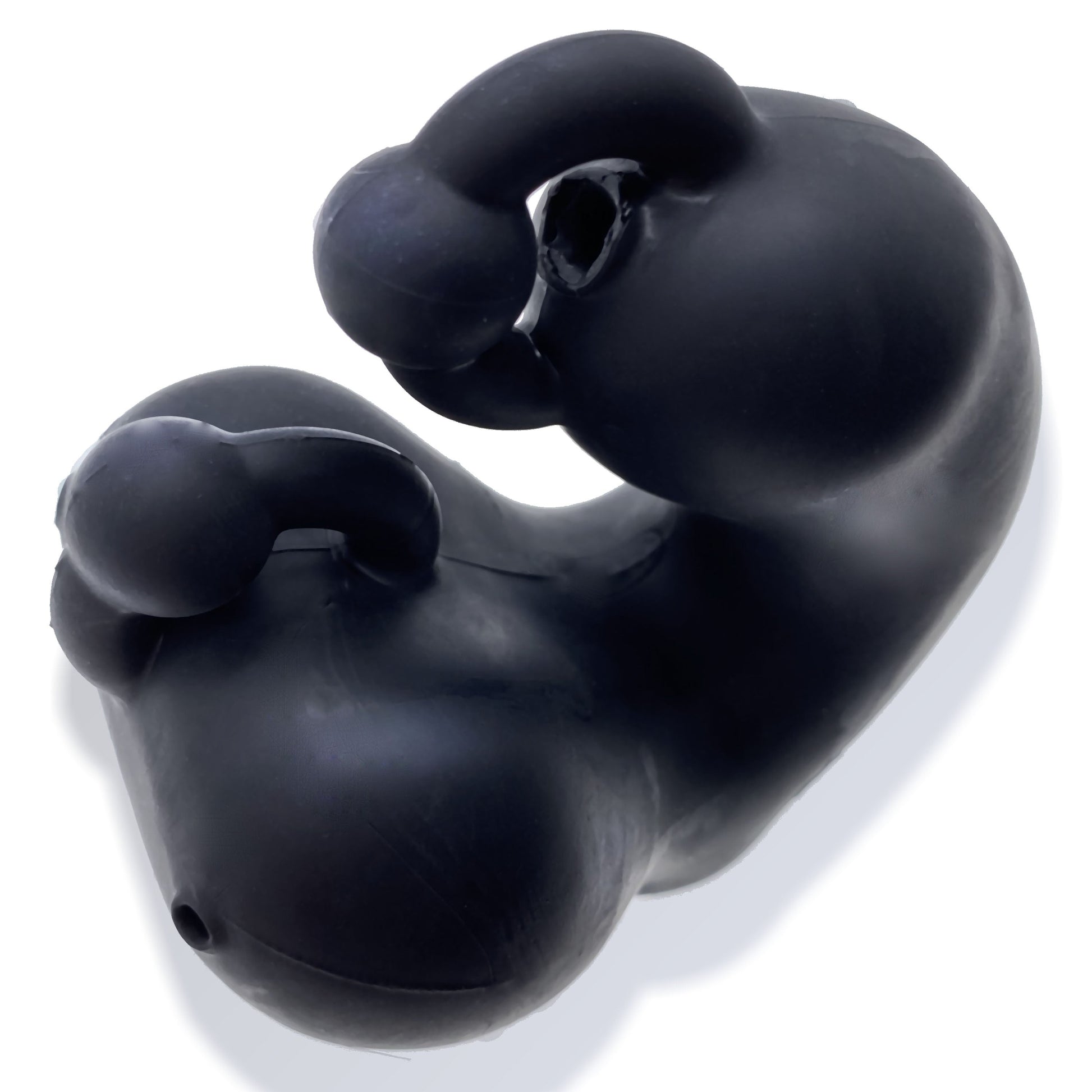 Black stretchy silicone chastity device with a curved shape and a small hole.