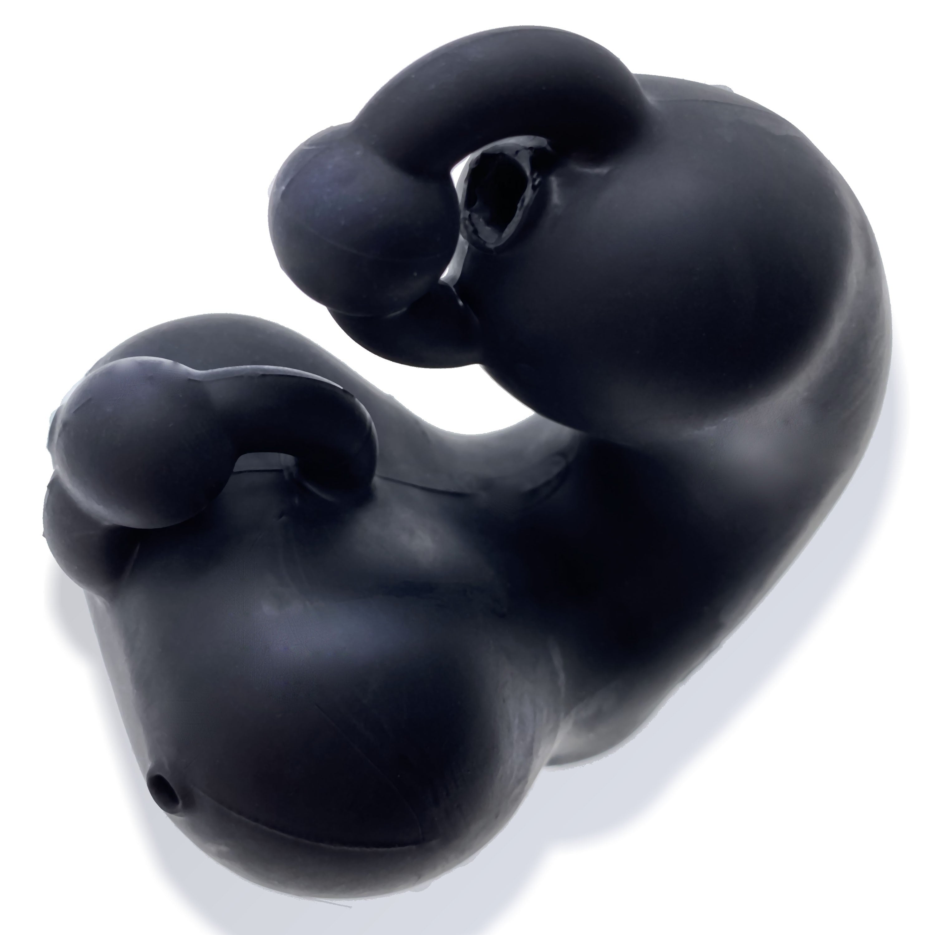 Black stretchy silicone chastity device with a curved shape and a small hole.