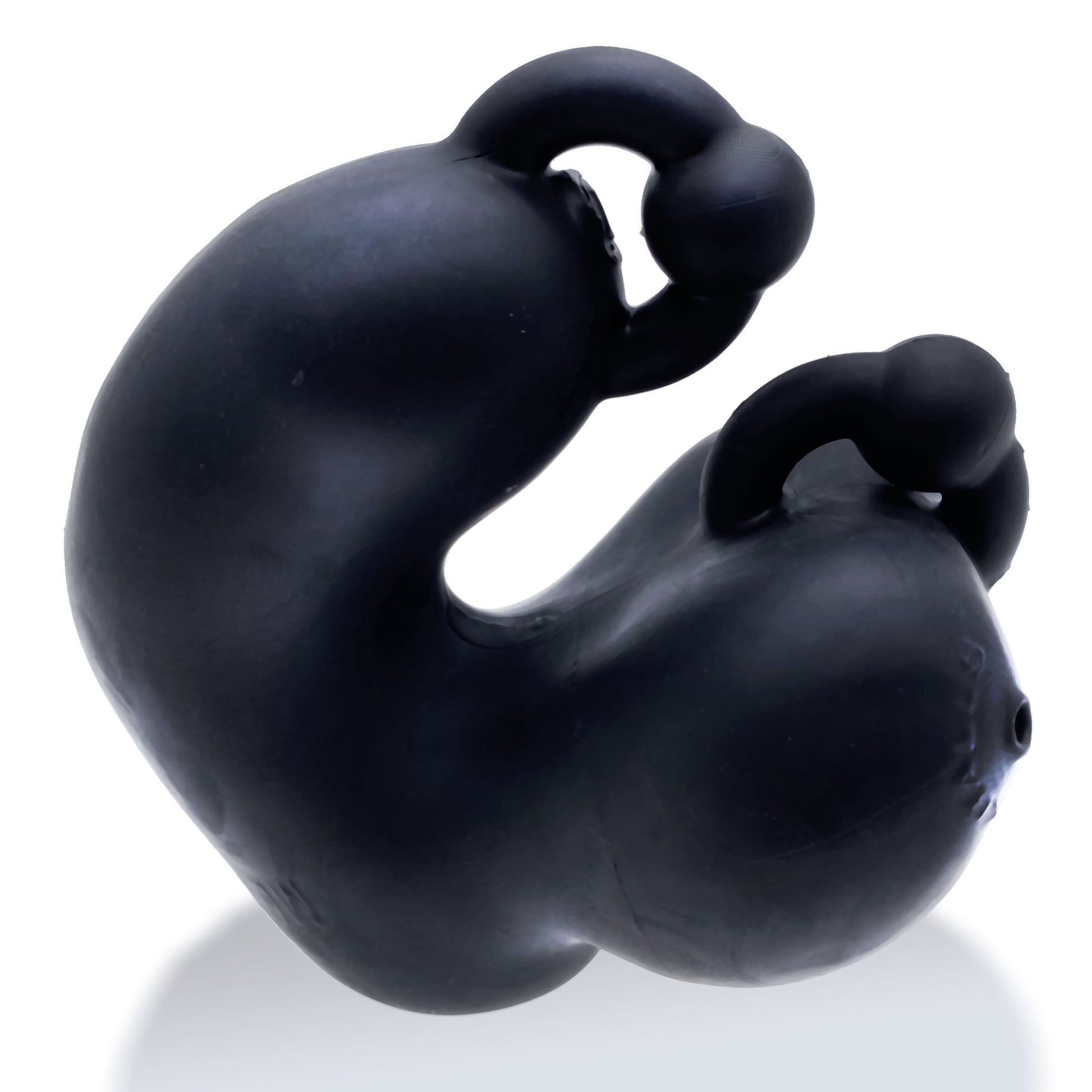 Black stretchy silicone chastity device with a curved shape and two bulbous ends.