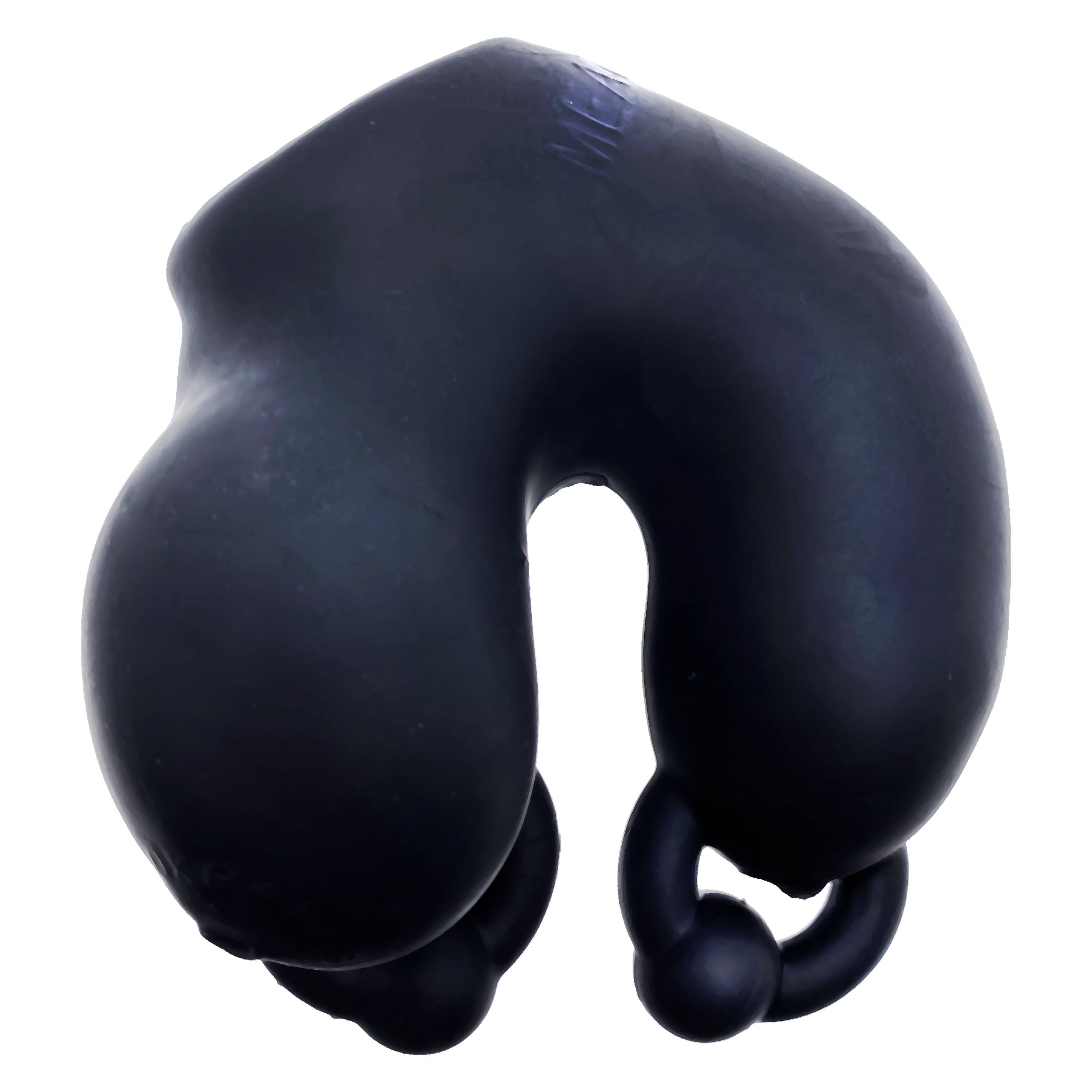 Black stretchy silicone chastity device with a U-shaped design.