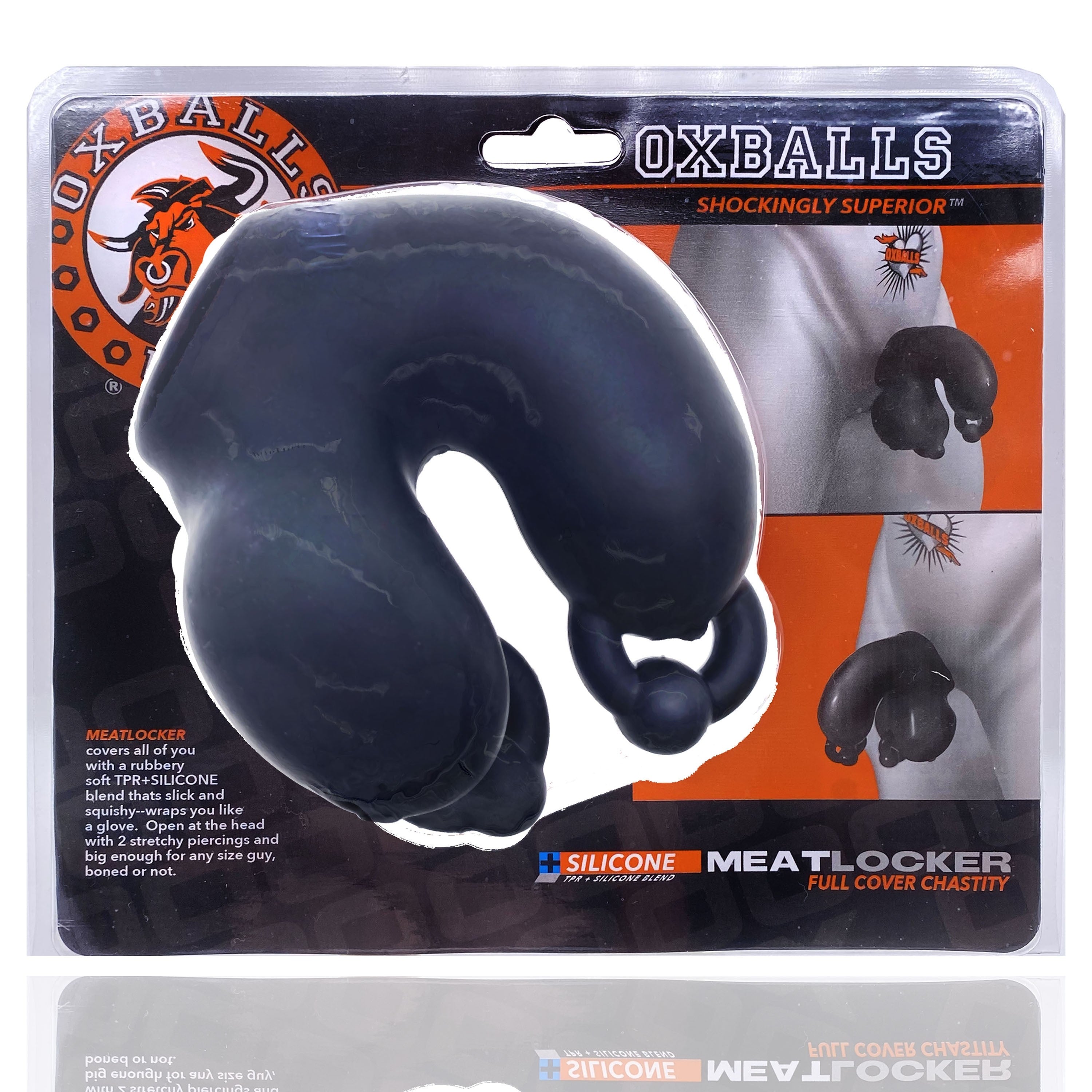 Black silicone chastity device with a ring, packaged with product information.